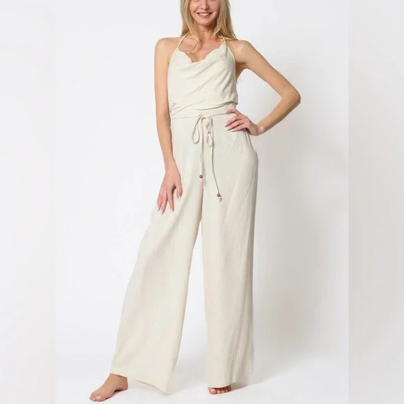 Cowl Tie Back Cream Backless Belted Jumpsuit